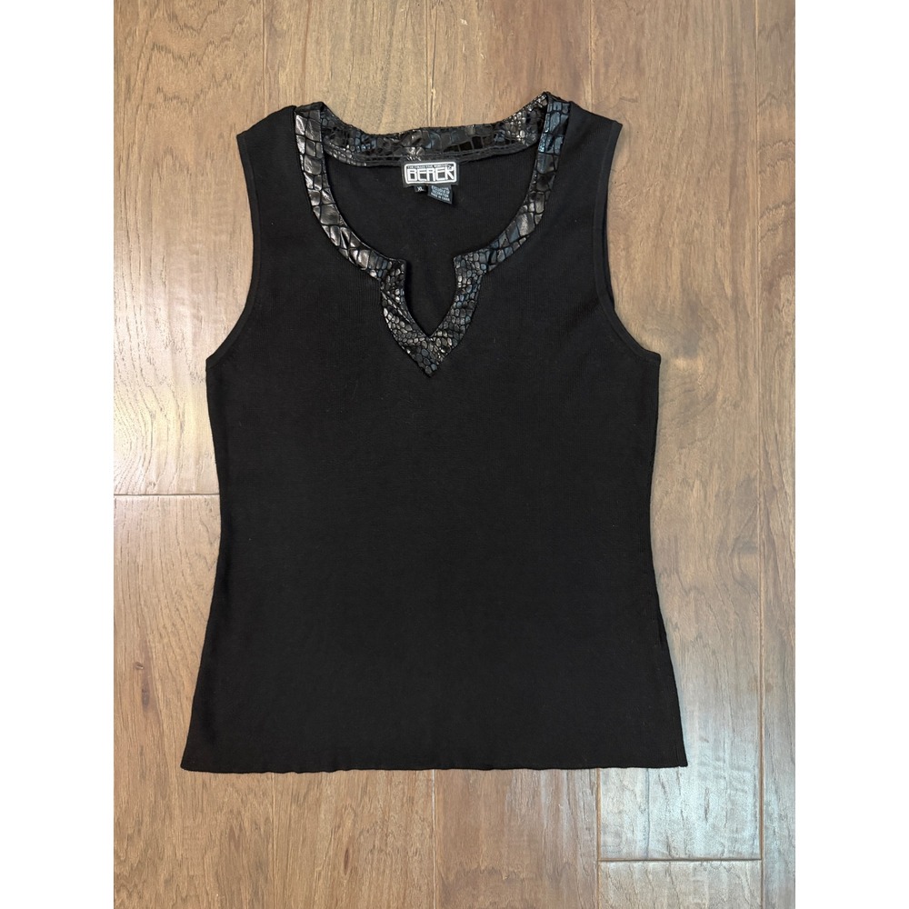Berek‎ Womens XL Black Sleeveless Knit Top Faux Crocodile Trim Split Neck Shell